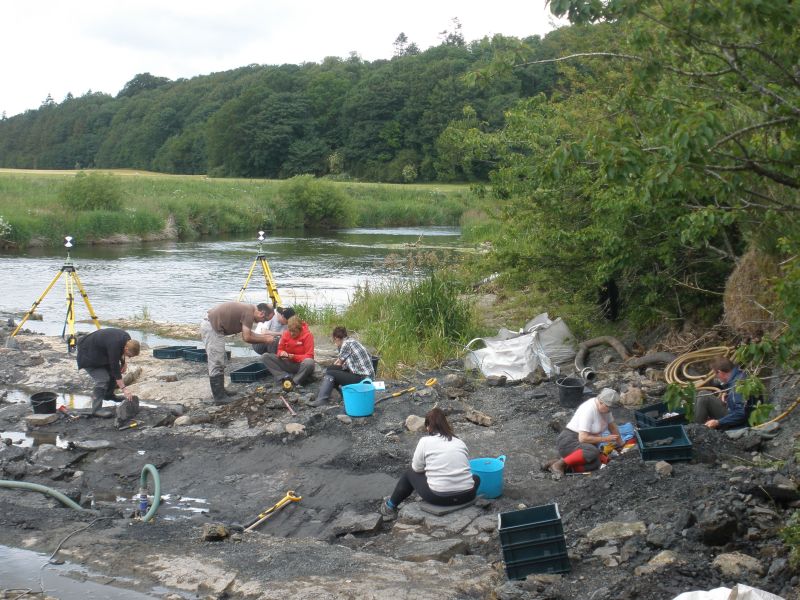 We were lucky with the weather, which stayed dry most of the time, and the river level, which stayed low.  Here, staff from the NMS and the Universities of Leicester and Cambridge split rocks, looking for fossils.
