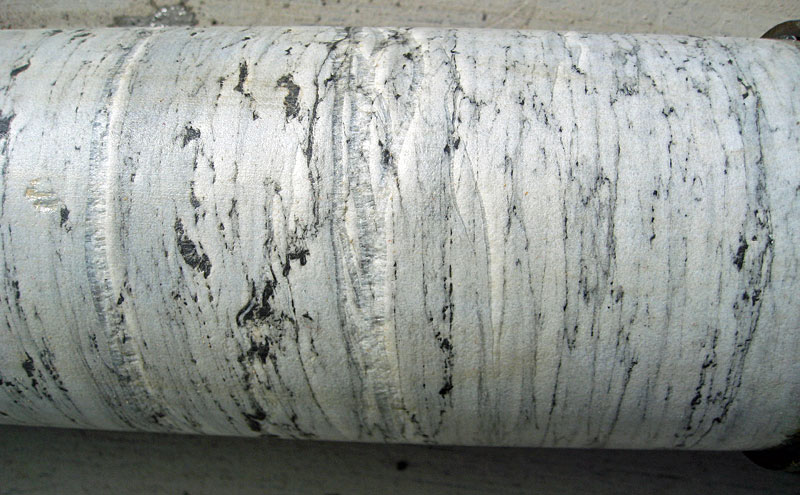 A short section of core showing anhydrite with chicken-wire texture.  Today, gypsum and anhydrite form by evaporation in sabkhas on coastal margins of, for example, North Africa and around the Red Sea.